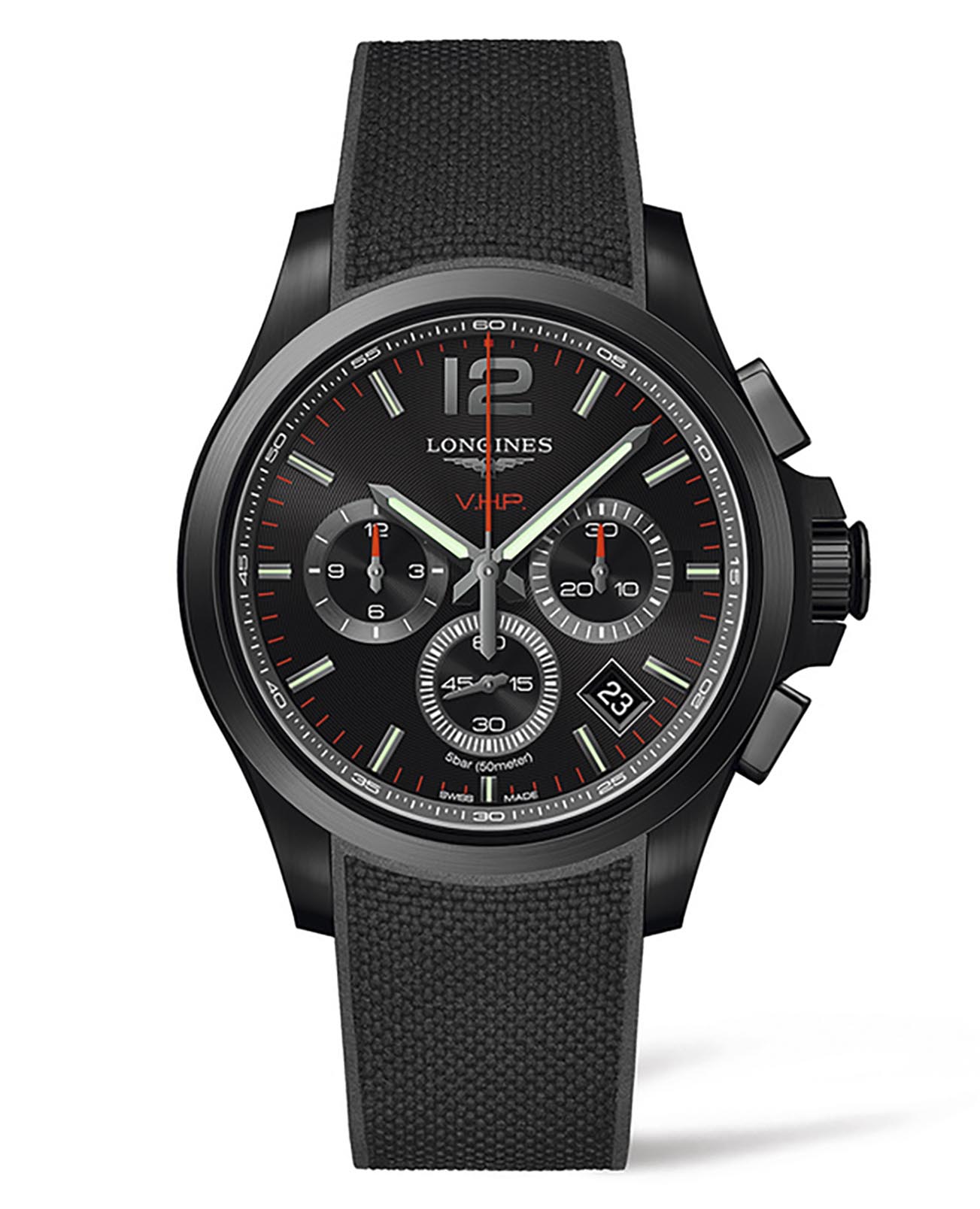 Longines Longines Conquest V.H.P. L3.717.2.56.9  L37172569 кварцевые мужские часы черный циферблат, браслет каучук — вид спереди